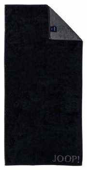 Schwarzes Handtuch mit grauer Ecke und Joop-Logo, Draufsicht