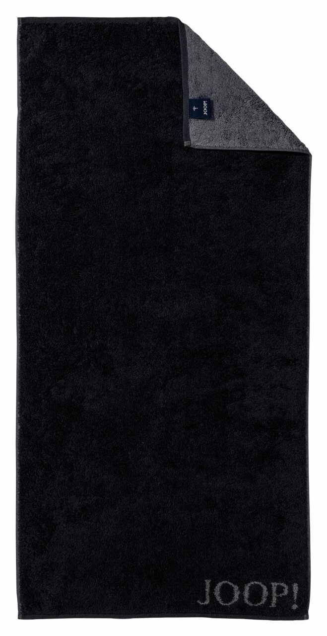 Schwarzes Handtuch mit grauer Ecke und Joop-Logo, Draufsicht