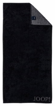 Schwarzes Handtuch mit grauer Ecke und Joop-Logo, Draufsicht