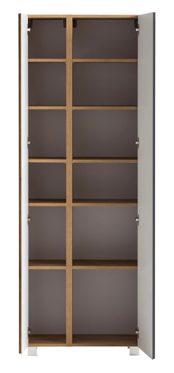 Hochschrank mit offenen Türen, zeigt mehrere Regalböden aus Holz, frontale Ansicht.