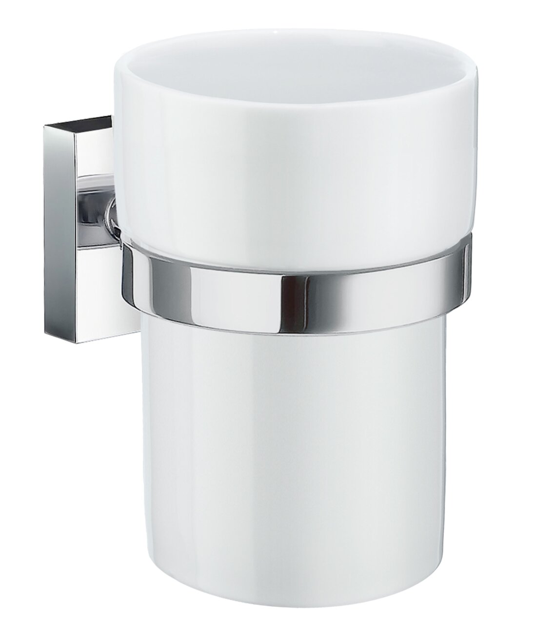 Moderner Zahnputzbecherhalter aus weißem Keramik mit glänzendem Chromhalter, seitliche Perspektive