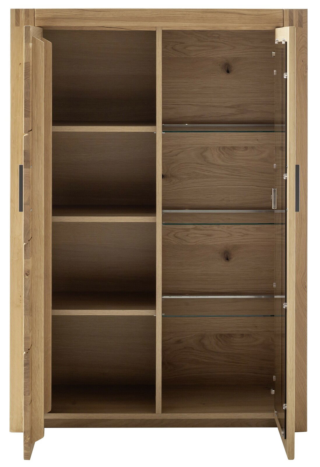 Offenes Highboard aus Holz mit mehreren Regalböden, Frontansicht