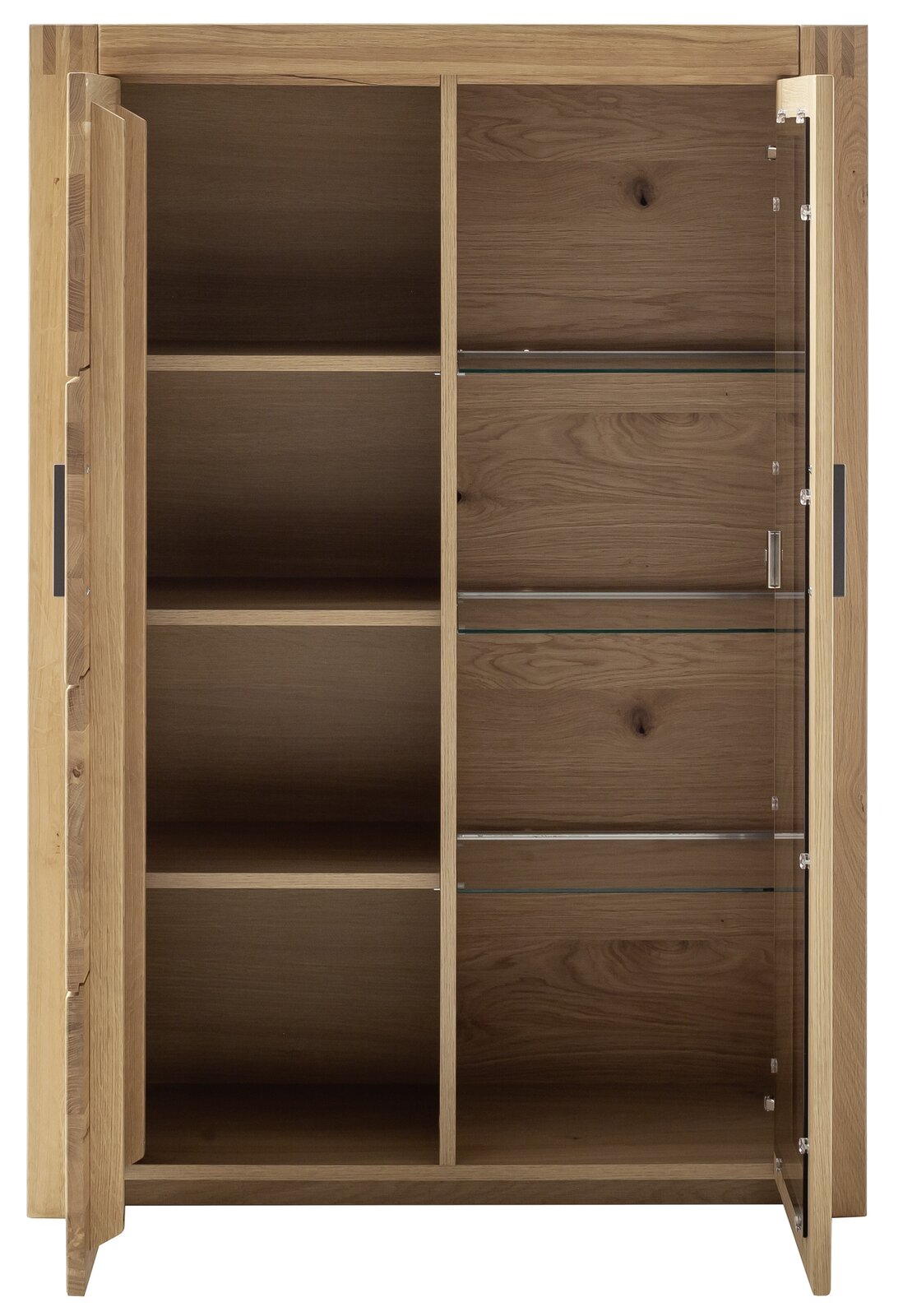 Offenes Highboard aus Holz mit mehreren Regalböden, Frontansicht