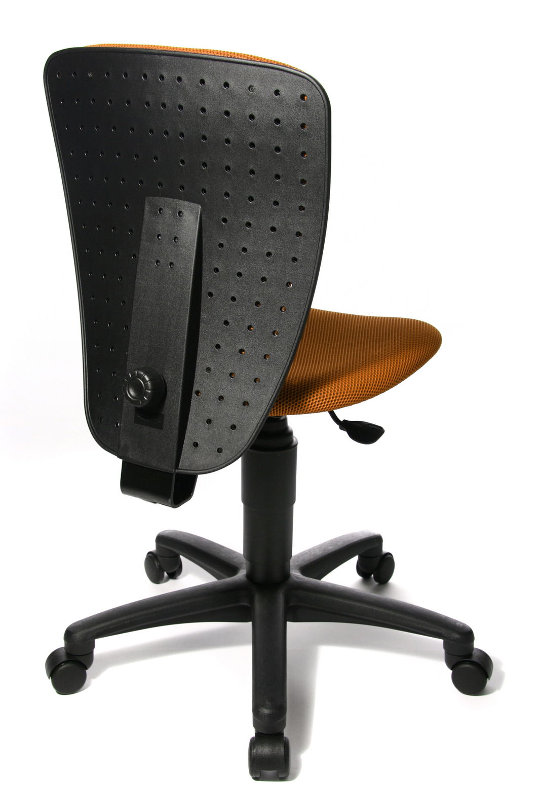 Rückansicht eines Kinder- und Jugendstuhls mit schwarzer Rückenlehne und orangefarbenem Sitz, auf einem schwarzen Drehfuß mit Rollen.