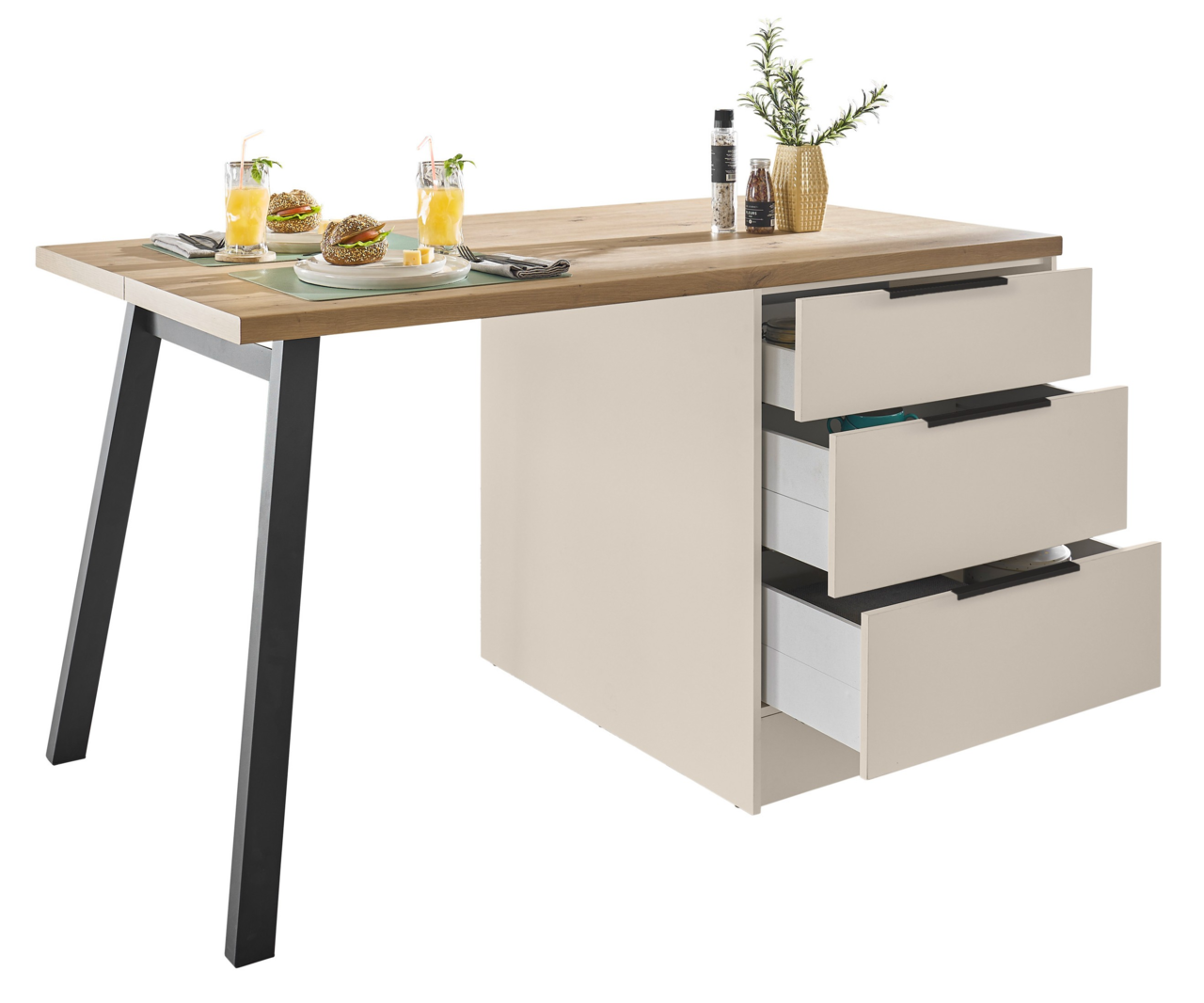 Moderner Esstisch mit Holzplatte, schwarzem Metallgestell und integriertem Schubladenblock in Beige, drei Schubladen geöffnet; Perspektive: schräg von vorne rechts (3/4-Ansicht).