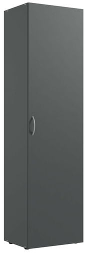Grauer Mehrzweckschrank mit einer Tür und silbernem Griff, seitliche Perspektive