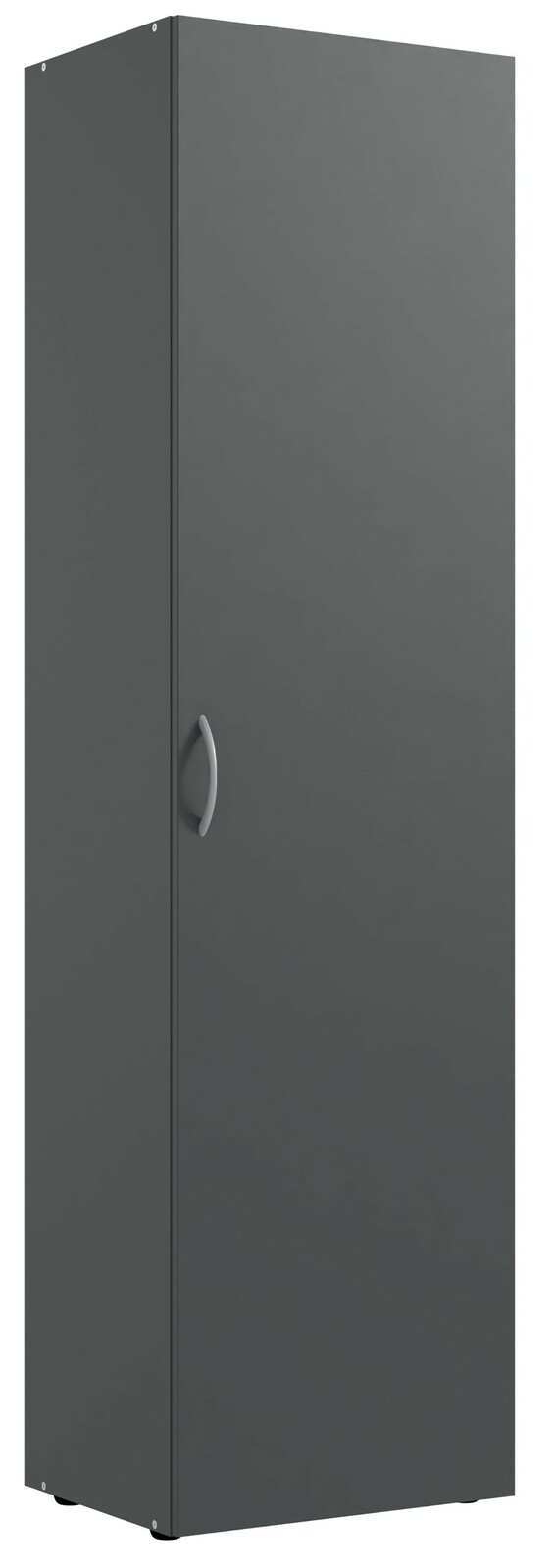 Grauer Mehrzweckschrank mit einer Tür und silbernem Griff, seitliche Perspektive