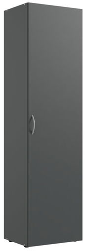 Grauer Mehrzweckschrank mit einer Tür und silbernem Griff, seitliche Perspektive