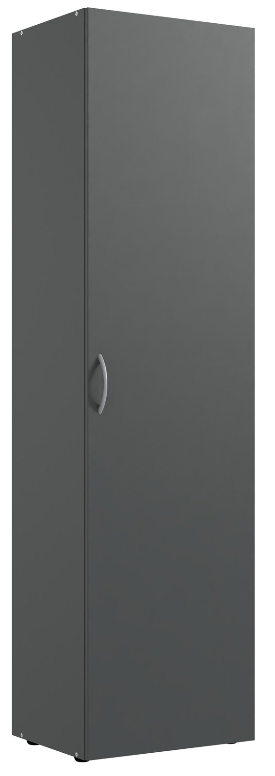 Grauer Mehrzweckschrank mit einer Tür und silbernem Griff, seitliche Perspektive