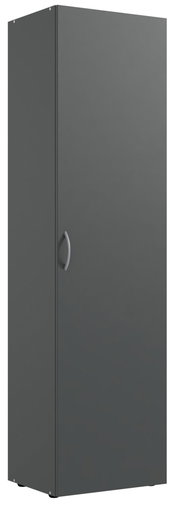 Grauer Mehrzweckschrank mit einer Tür und silbernem Griff, seitliche Perspektive