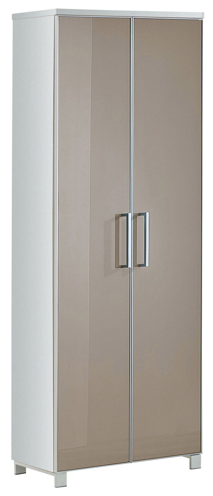 Moderner Dielenschrank mit zwei Türen in Hochglanzoptik, seitliche Perspektive