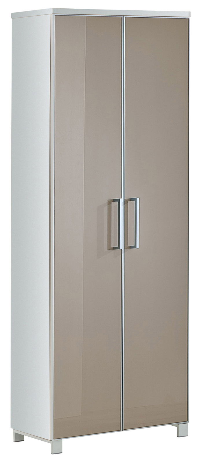 Moderner Dielenschrank mit zwei Türen in Hochglanzoptik, seitliche Perspektive