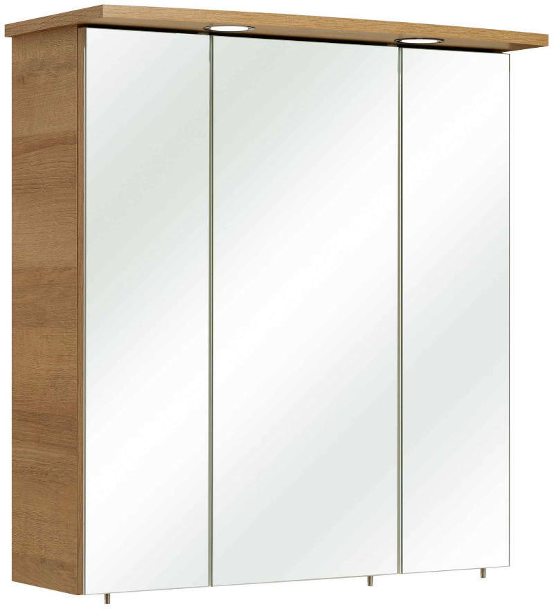 Spiegelschrank mit drei Türen und Holzrahmen, frontale Perspektive