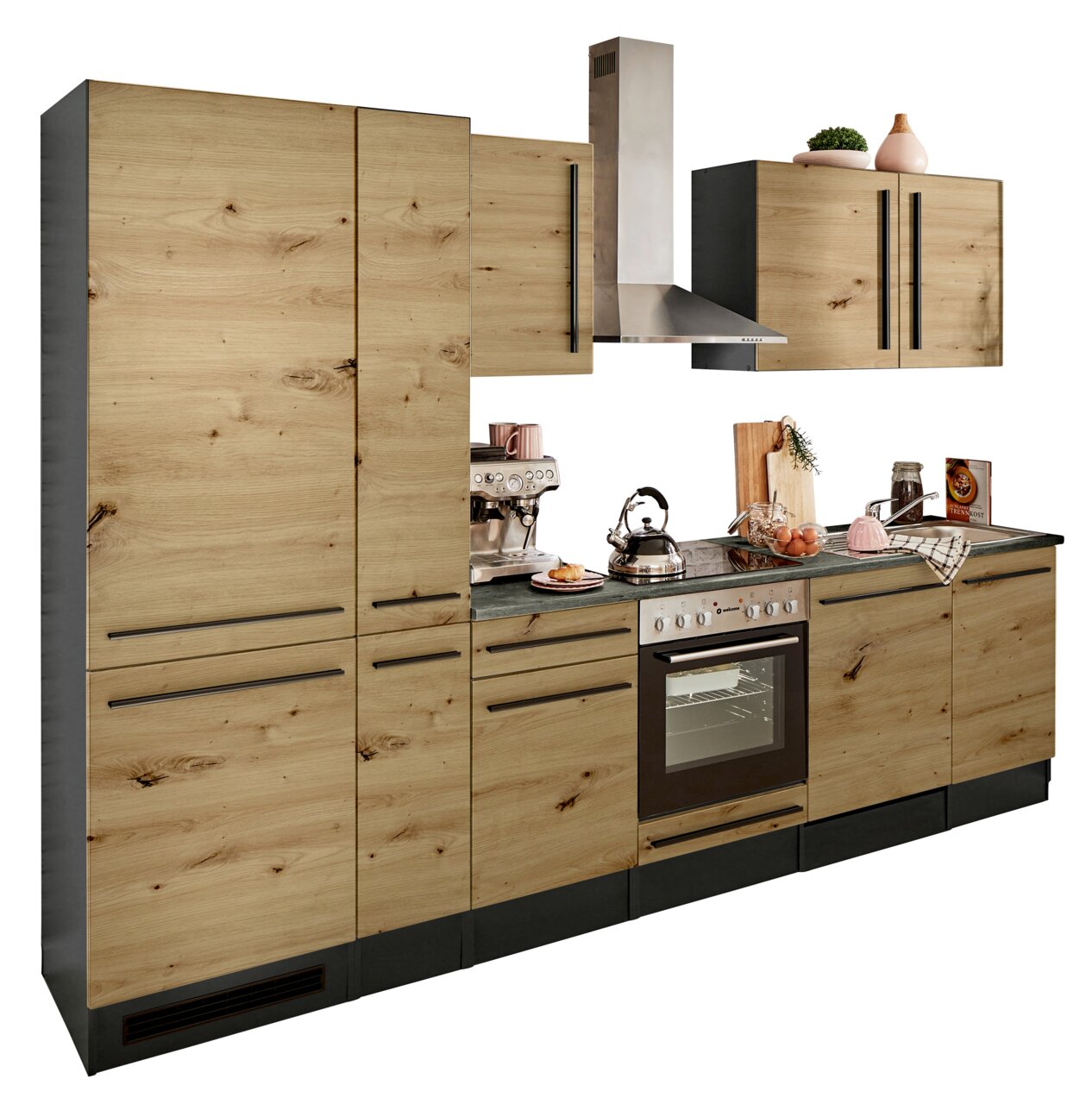 Moderne Küchenzeile in Holzoptik mit Elektrogeräten, seitliche Perspektive