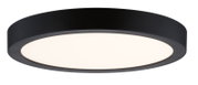 Runde, flache LED-Deckenleuchte in Schwarz mit opaler Diffusorfläche, perspektivische Ansicht von schräg unten