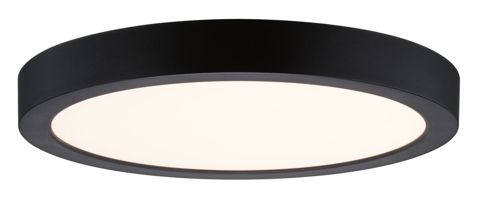 Runde, flache LED-Deckenleuchte in Schwarz mit opaler Diffusorfläche, perspektivische Ansicht von schräg unten
