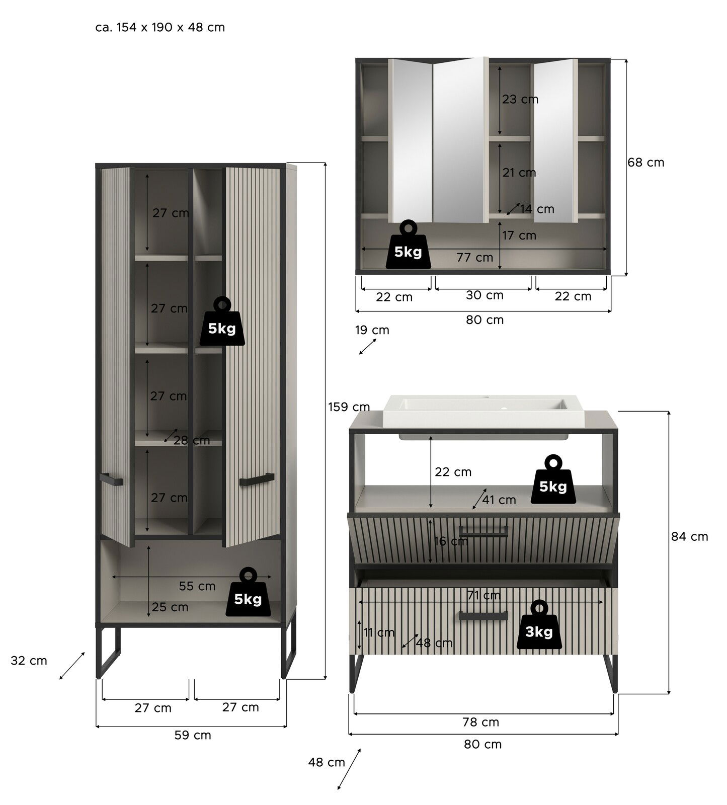Badkombination bestehend aus einem hohen Schrank mit offenen und geschlossenen Fächern, einem Waschbeckenunterschrank mit Schubladen und einem Spiegelschrank, alle in moderner, geradliniger Optik. Perspektive: Frontalansicht.