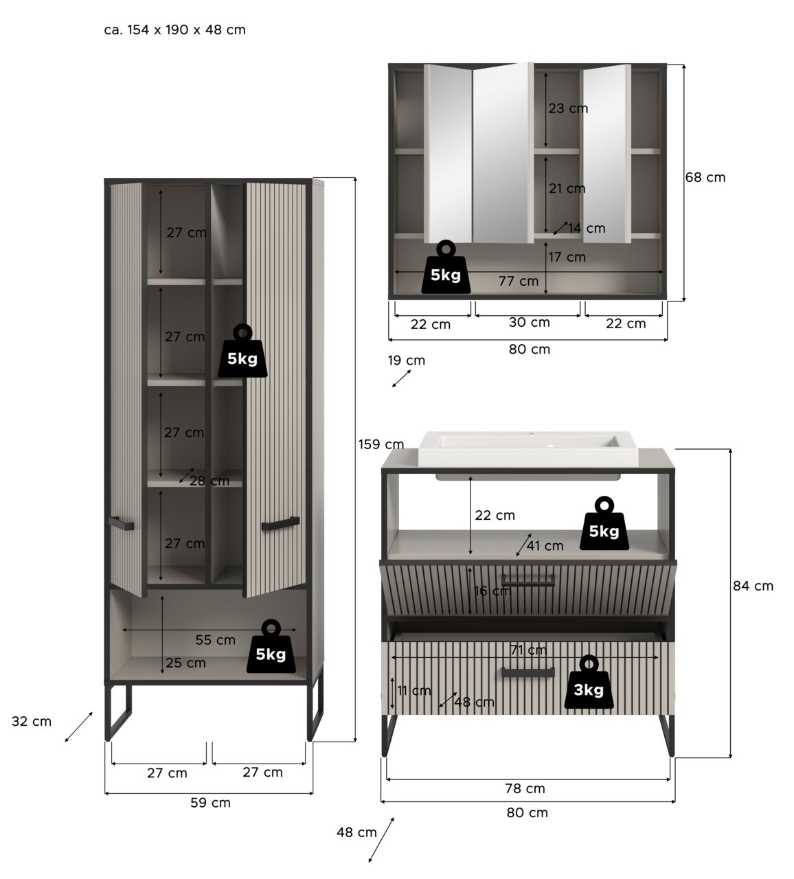 Badkombination bestehend aus einem hohen Schrank mit offenen und geschlossenen Fächern, einem Waschbeckenunterschrank mit Schubladen und einem Spiegelschrank, alle in moderner, geradliniger Optik. Perspektive: Frontalansicht.