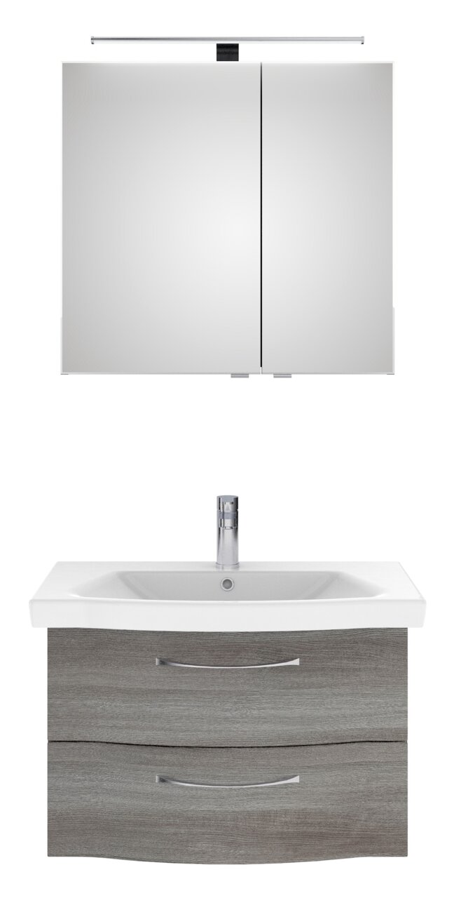 Pelipal Badblock SERIE 6005 SPRINT Frontale Ansicht eines modernen Badblocks mit Spiegelschrank und Waschbeckenunterschrank in Holzoptik.