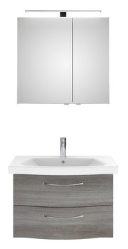 Frontale Ansicht eines modernen Badblocks mit Spiegelschrank und Waschbeckenunterschrank in Holzoptik.