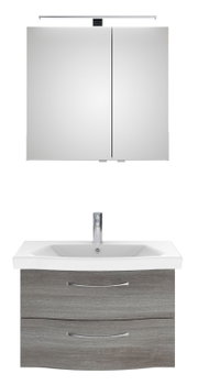 Vooraanzicht van een moderne badkamermeubelcombinatie met spiegelkast en wastafelonderkast in houtlook.