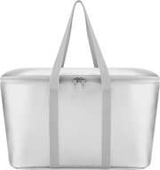 Silberne Kühltasche mit Reißverschluss und zwei langen Tragegurten, Frontansicht auf weißem Hintergrund