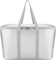 Silberne Kühltasche mit Reißverschluss und zwei langen Tragegurten, Frontansicht auf weißem Hintergrund