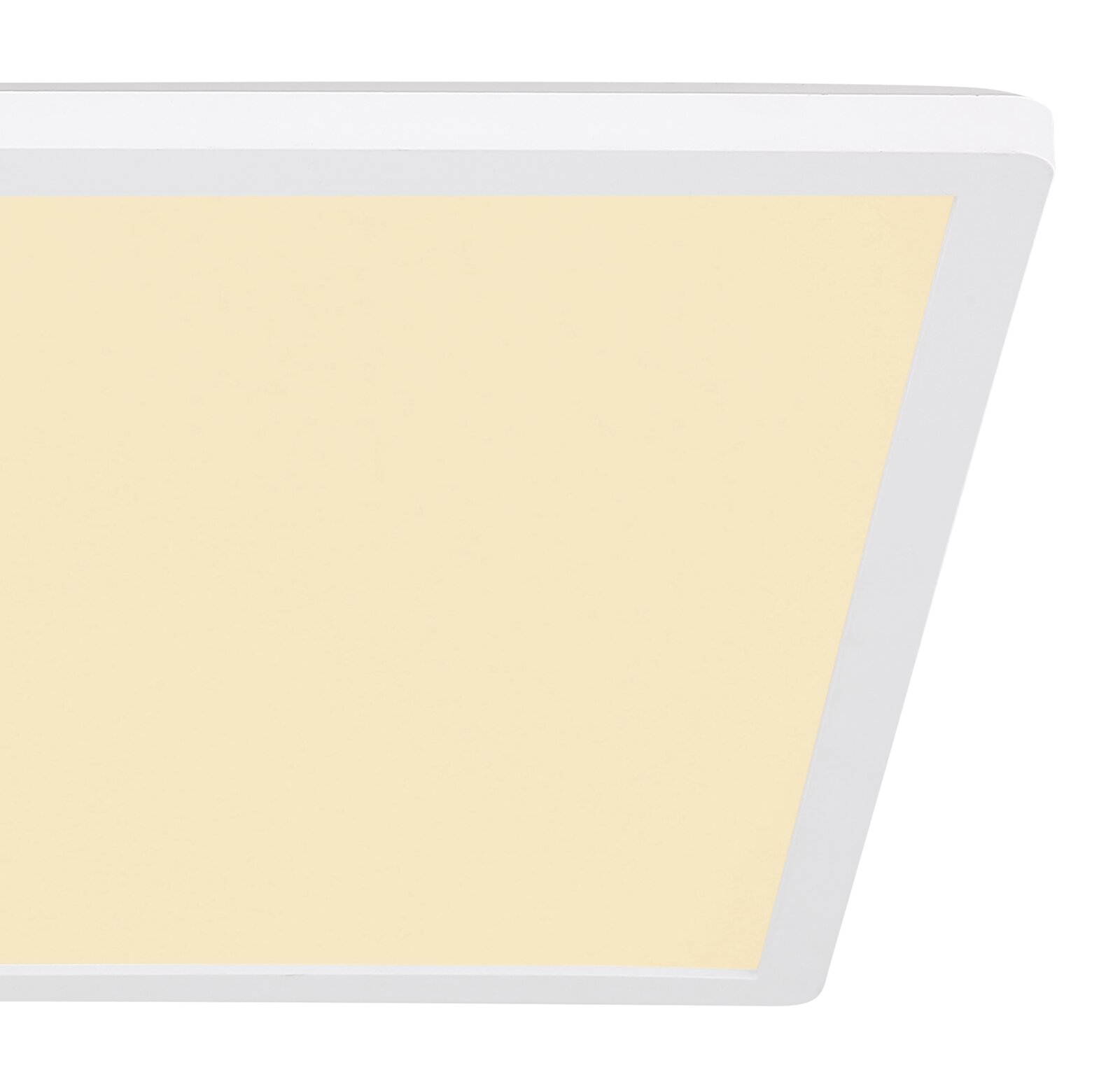 Quadratische LED-Deckenleuchte mit weißem Rahmen und warmweiß leuchtender Fläche, Detailansicht von vorne in leichter Schrägansicht (Ecke sichtbar) vor weißem Hintergrund