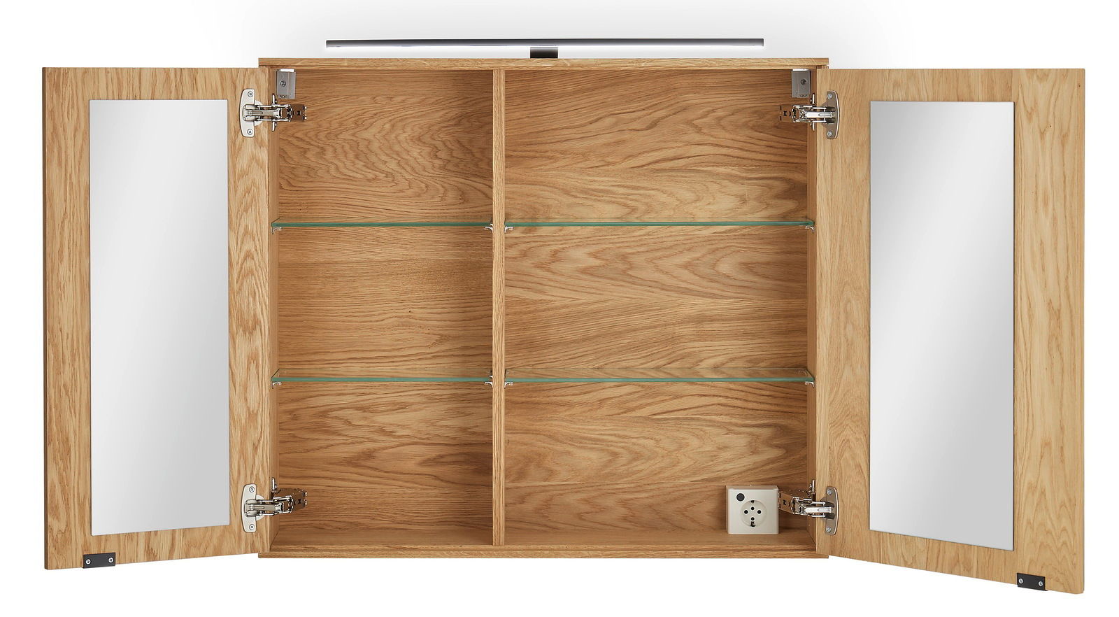 Offener Spiegelschrank aus Holz mit zwei Spiegeltüren, Glasböden und Steckdose, Frontalansicht.
