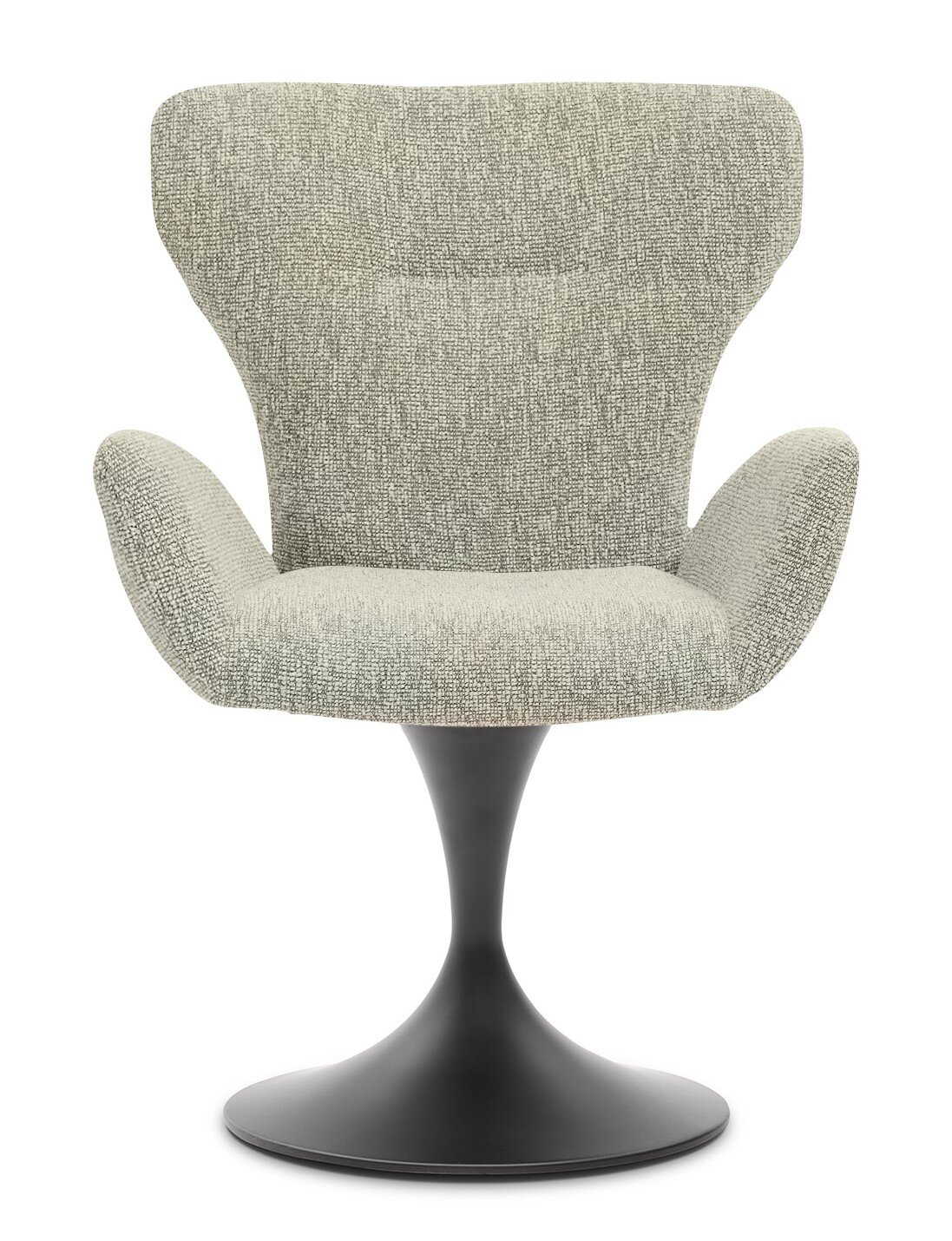 Moderne fauteuil met grijze stoffen bekleding en zwarte tulpenpoot, vooraanzicht