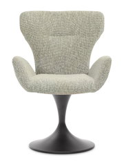 Moderne fauteuil met grijze stoffen bekleding en zwarte tulpenpoot, vooraanzicht
