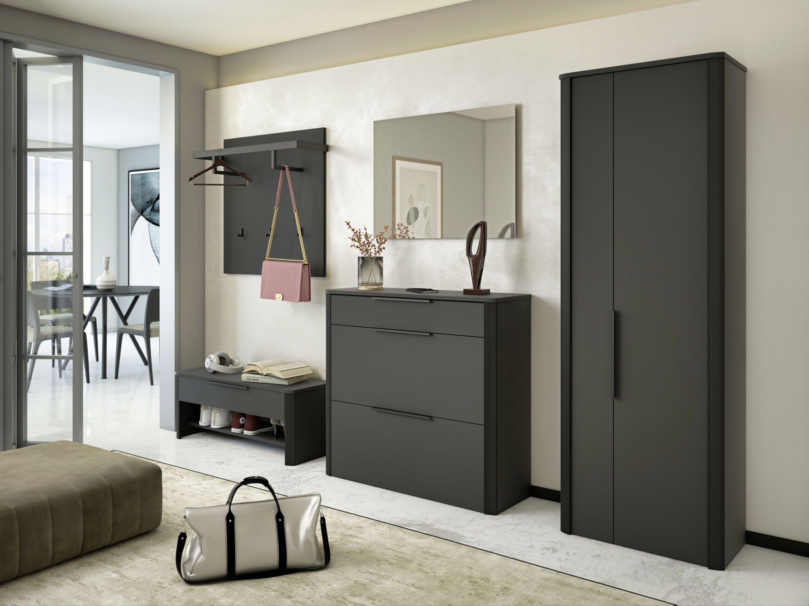 Moderner Garderobenschrank in einem eleganten, dunklen Design, frontal betrachtet. Der Schrank steht in einem stilvoll eingerichteten Raum mit Spiegel, Wandhaken und Schuhbank.