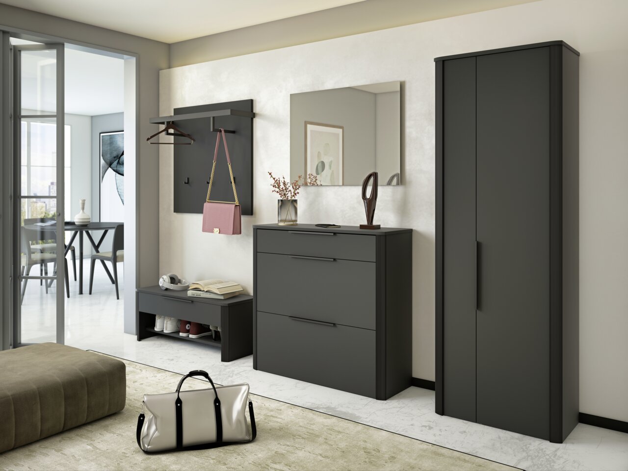 Moderner Garderobenschrank in einem eleganten, dunklen Design, frontal betrachtet. Der Schrank steht in einem stilvoll eingerichteten Raum mit Spiegel, Wandhaken und Schuhbank.