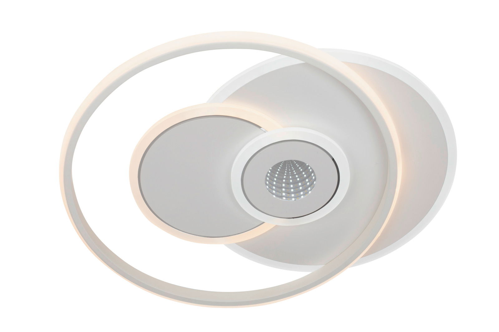 Moderne LED-Deckenleuchte mit kreisförmigem Design, seitliche Perspektive