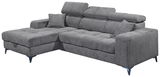 Graues Ecksofa mit verstellbaren Kopfstützen und zwei Kissen, Perspektive von vorne links