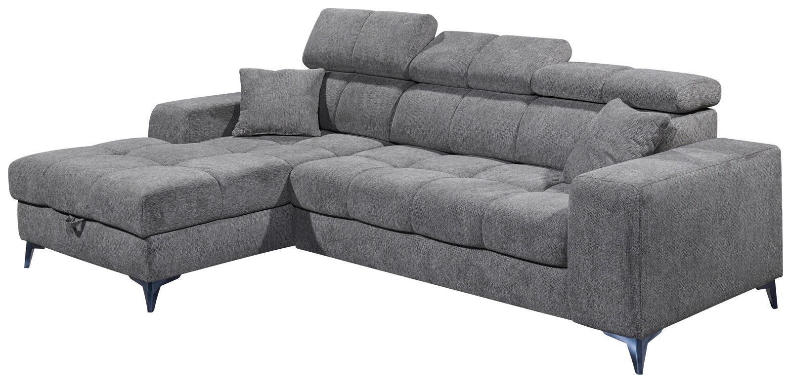 Graues Ecksofa mit verstellbaren Kopfstützen und zwei Kissen, Perspektive von vorne links