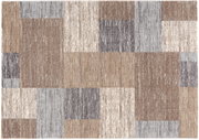 Frisé-Teppich in rechteckiger Form mit geometrischem Muster in Beige-, Grau- und Brauntönen, Draufsicht.