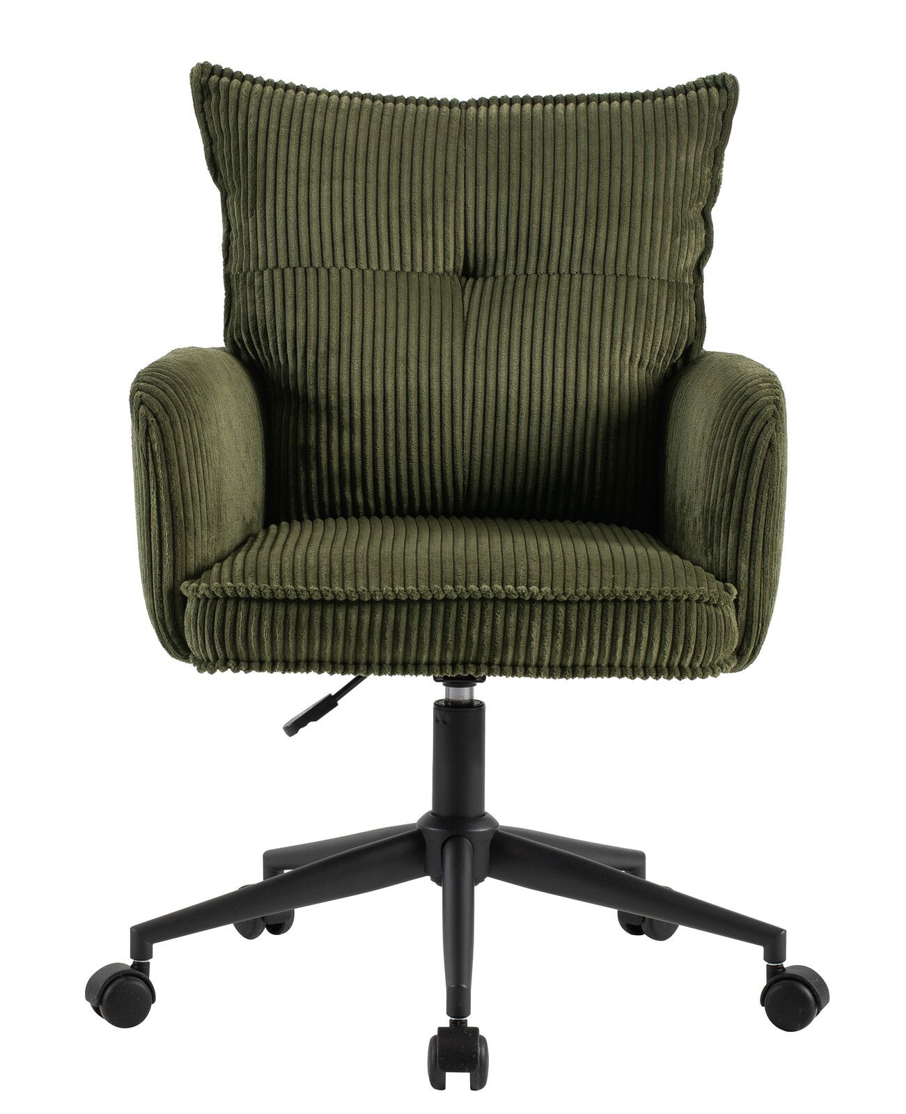 Grüner Drehstuhl mit geripptem Stoffbezug, Vorderansicht