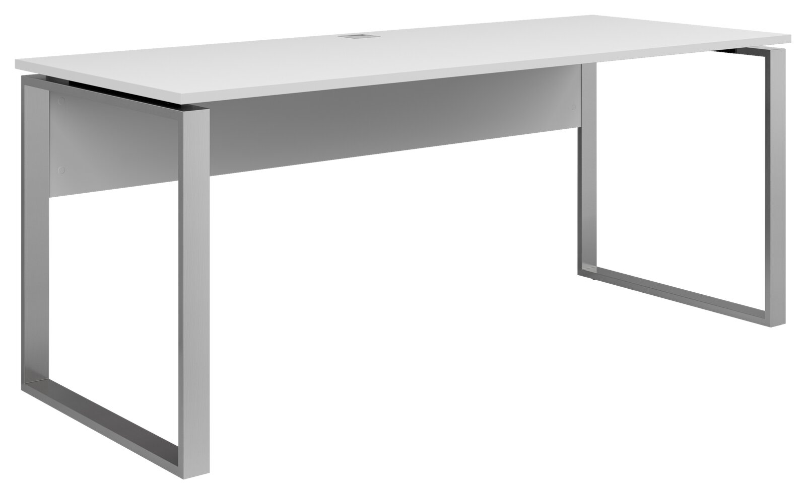 Moderner weißer Schreibtisch mit Metallrahmen, seitliche Perspektive
