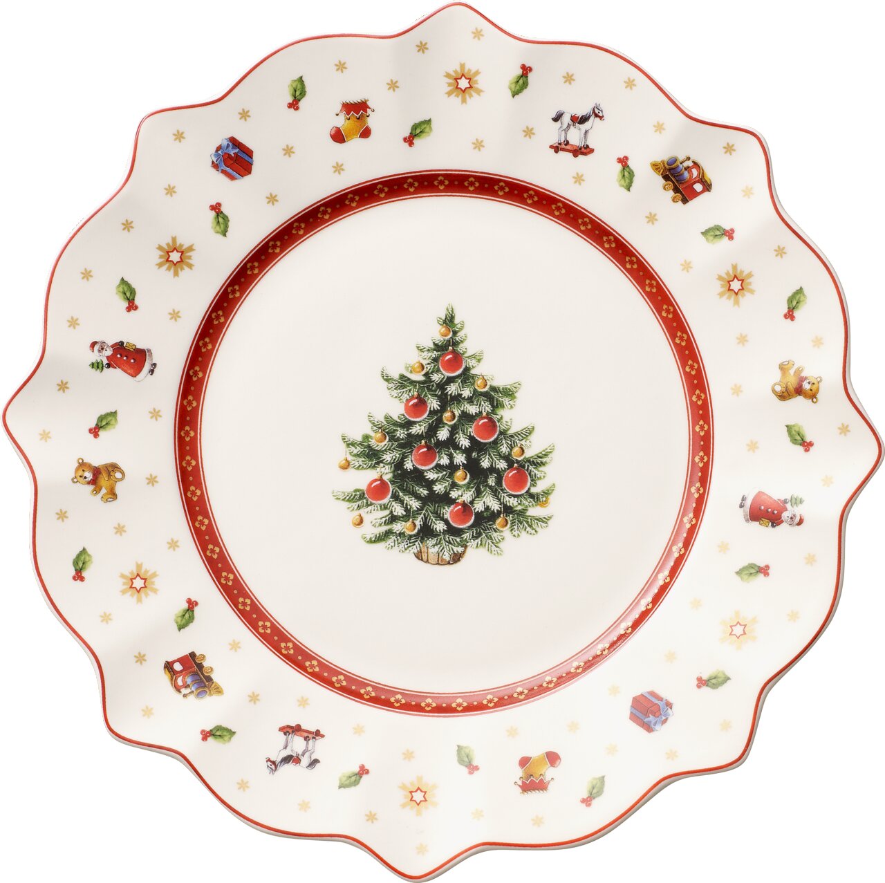 Villeroy & Boch Frühstücksteller TOY'S DELIGHT Weißer Frühstücksteller mit weihnachtlichem Design, zentralem Weihnachtsbaum und bunten Motiven am Rand, von oben betrachtet.