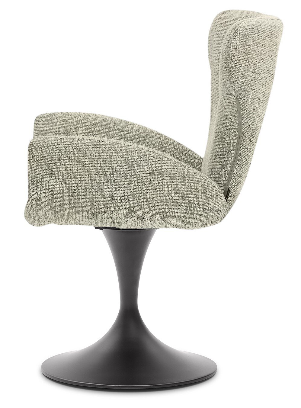 Zijaanzicht van een moderne fauteuil met grijze stoffen bekleding en een zwarte tulpenpoot.