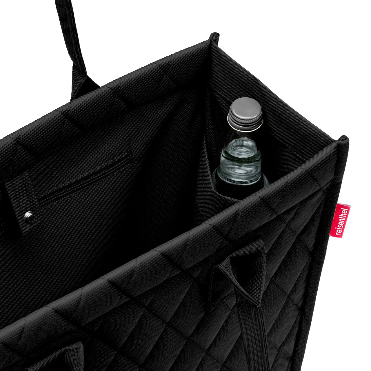 Schwarze, gesteppte Einkaufstasche mit Flaschenhalter, von oben betrachtet.