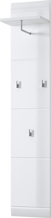 Weißes Garderobenpaneel mit drei Haken und einem Ablagefach, seitliche Perspektive