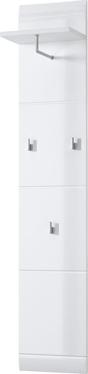 Weißes Garderobenpaneel mit drei Haken und einem Ablagefach, seitliche Perspektive
