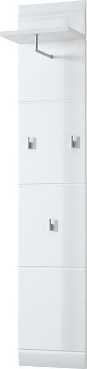 Weißes Garderobenpaneel mit drei Haken und einem Ablagefach, seitliche Perspektive
