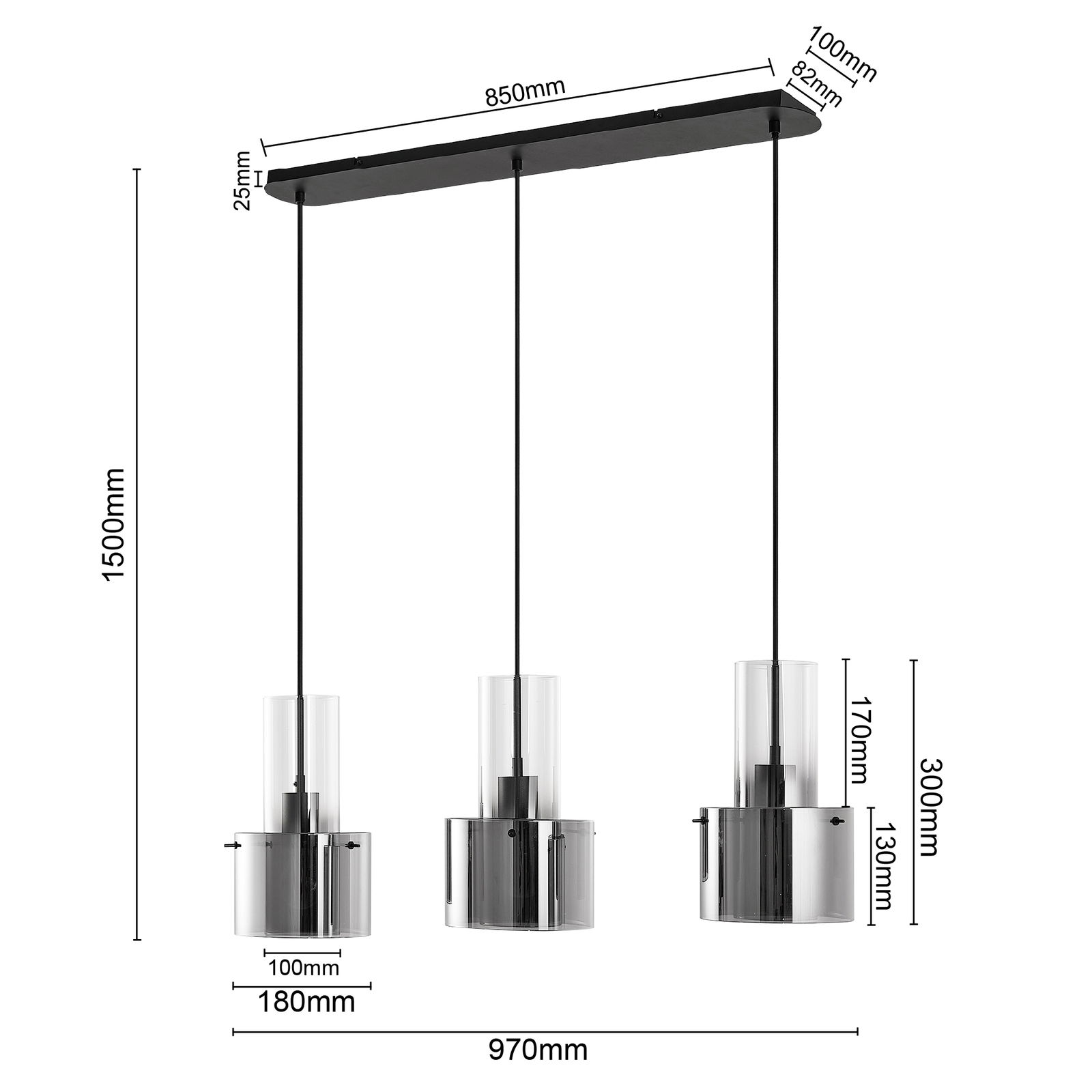 Moderne Hängeleuchte mit drei zylindrischen Lampenschirmen aus Glas und Metall, Gesamtbreite 970mm, von vorne betrachtet.