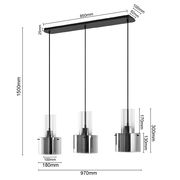 Moderne Hängeleuchte mit drei zylindrischen Lampenschirmen aus Glas und Metall, Gesamtbreite 970mm, von vorne betrachtet.