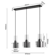 Moderne hanglamp met drie cilindervormige lampenkappen van glas en metaal, totale breedte 970 mm, gezien vanaf de voorkant.