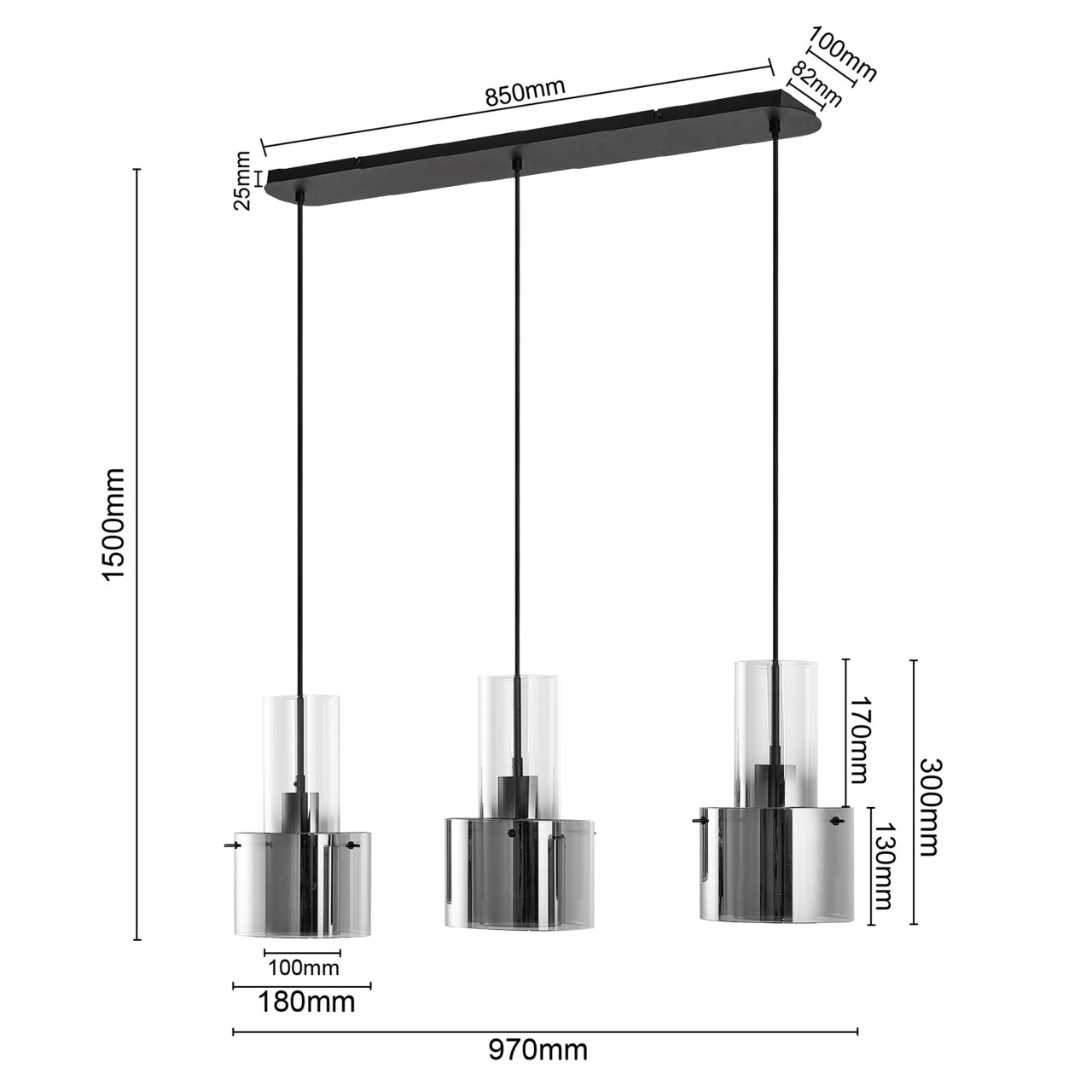 Moderne hanglamp met drie cilindervormige lampenkappen van glas en metaal, totale breedte 970 mm, gezien vanaf de voorkant.