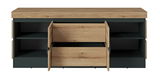 Frontansicht eines TV-Lowboards mit Holzoptik und offenen Schubladen.